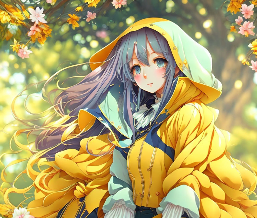 Anime-style character with long blue hair in yellow coat, surrounded by sunny florals