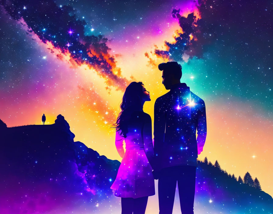 Silhouette of couple under vibrant starry sky with lone figure on hill