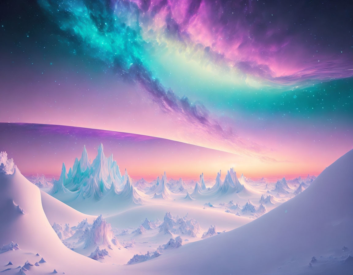Vibrant surreal arctic landscape with colorful icy peaks