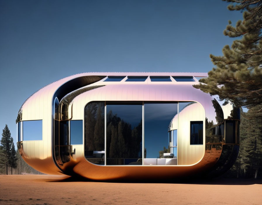 Modern oval house with glass windows and copper panels in pine tree setting