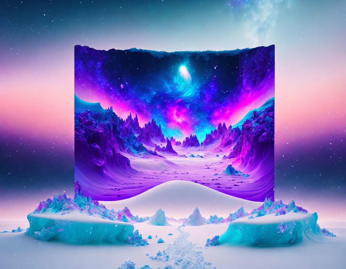 Surreal cosmic landscape with vibrant starry sky and snowy terrain