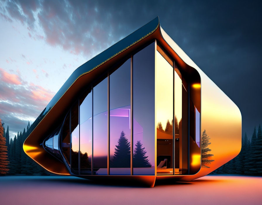 Modern House with Large Glass Windows and Curved Design in Twilight Setting