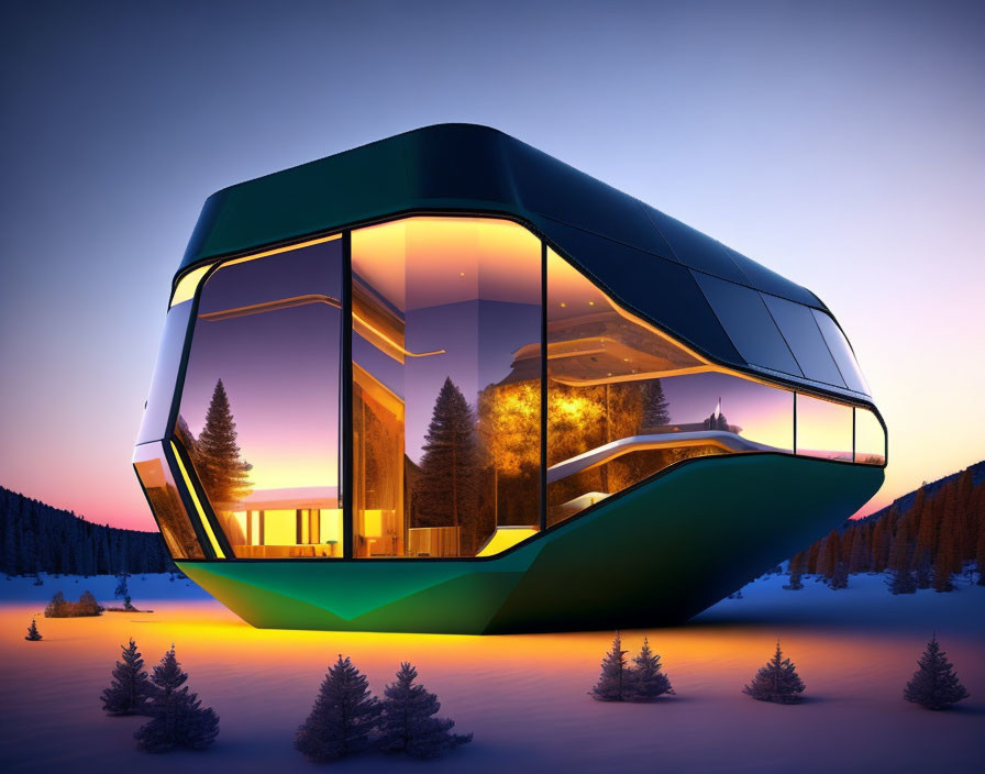 Snow-covered landscape with futuristic glass house at twilight