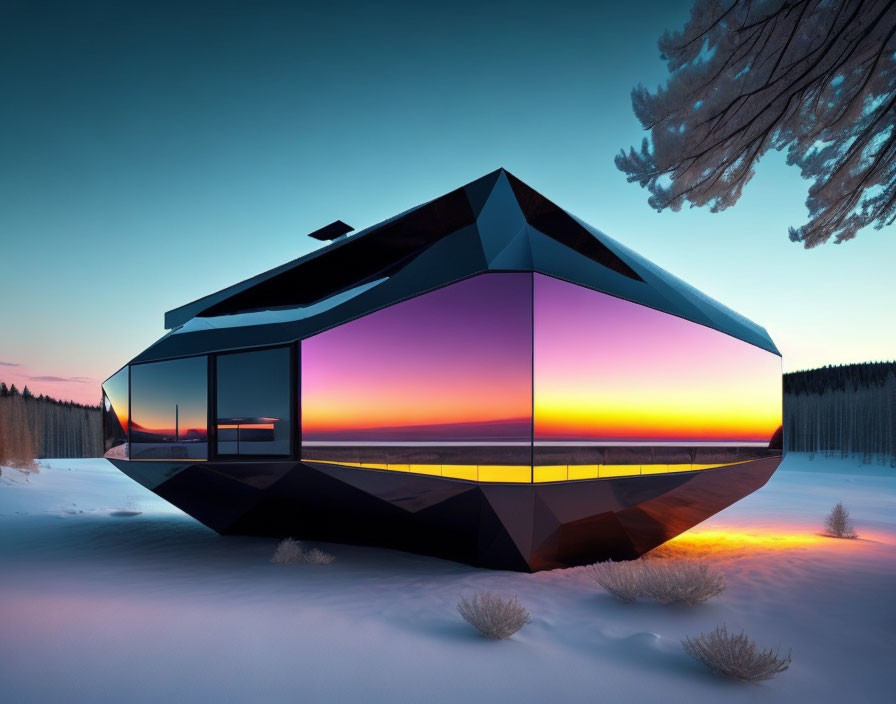 Modern house with reflective glass walls in snowy sunset scene