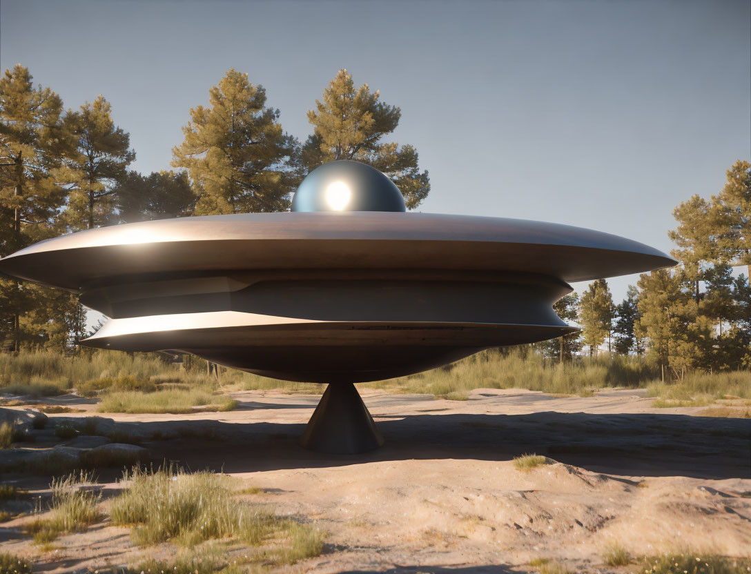 Futuristic UFO with shiny dome lands in serene forest clearing