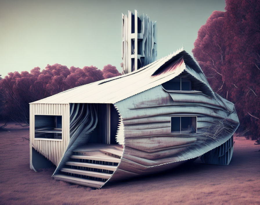 Distorted surreal house with staircase and red-leafed trees at dusk