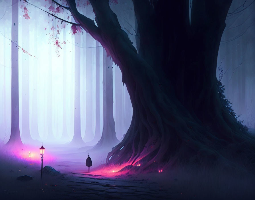 Enchanting forest scene with glowing lights, pink leaves, and a large tree