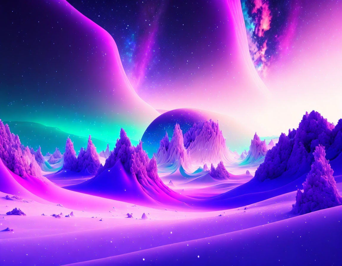 Vibrant surreal landscape with snow-covered trees and colorful nebula