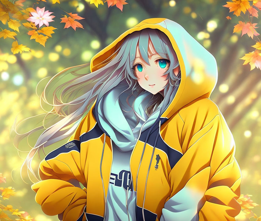 Blue-eyed character in yellow hoodie amid autumn leaves.