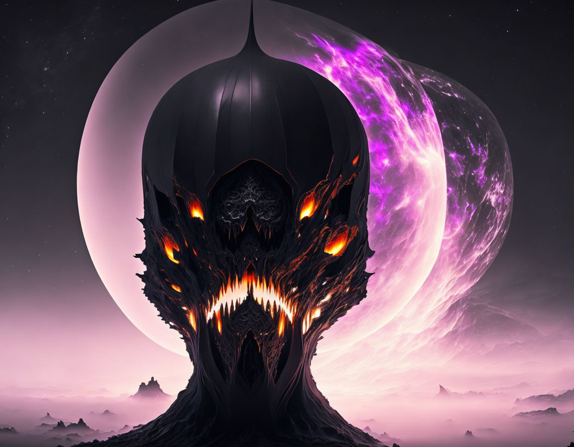 Dark fantasy creature with glowing red eyes and fiery mouth in front of crescent moon and purple nebula