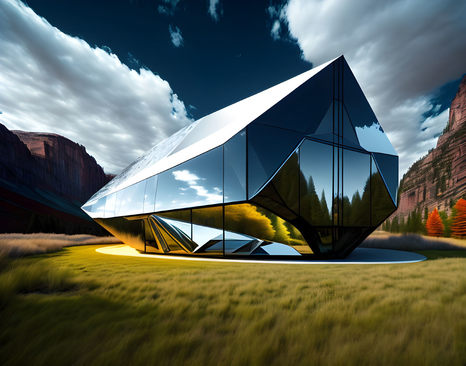 Geometric Glass House Amid Red Cliffs & Blue Sky