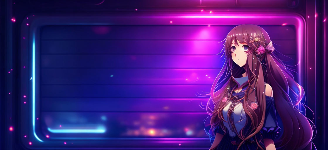 Anime-style girl with brown hair and flowers looking out futuristic window with neon lighting