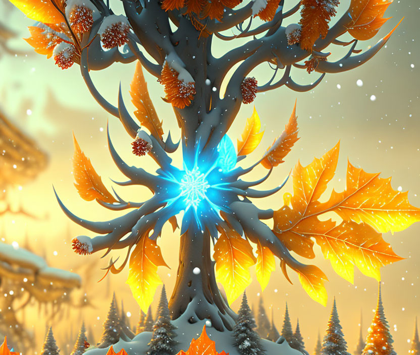 Glowing blue heart tree in golden sky with amber leaves