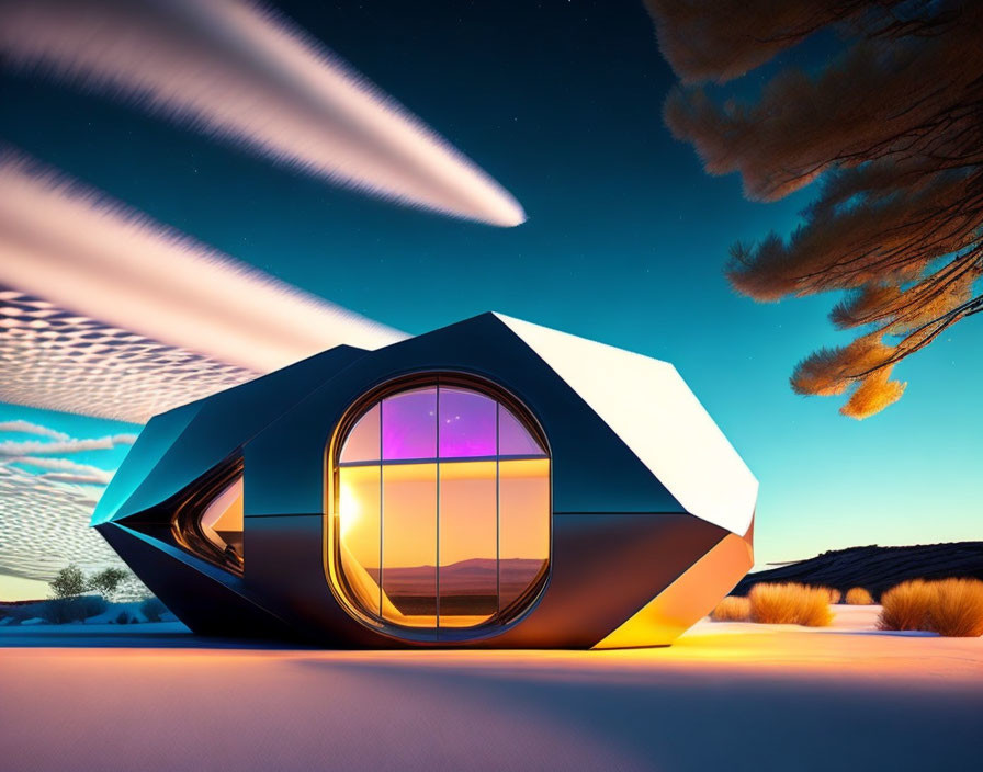 Futuristic hexagonal pod with circular window in desert landscape at sunset