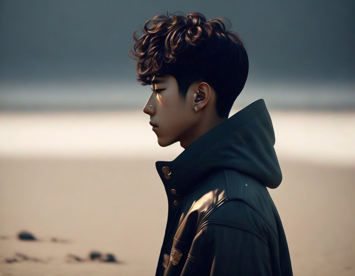 Person with Curly Hair Wearing Earrings and Stylish Jacket on Beach Background