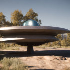 Futuristic UFO with shiny dome lands in serene forest clearing