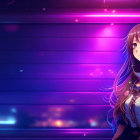 Purple-haired anime girl with golden accessories in futuristic setting