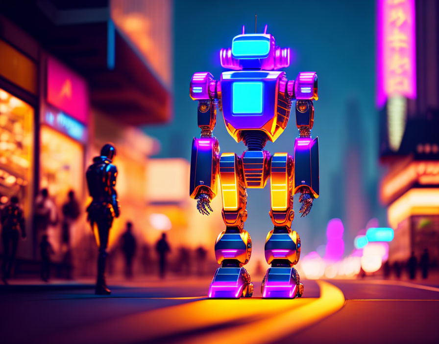 Futuristic robot in neon lights on vibrant city street