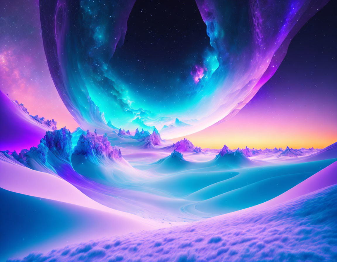 Colorful Surreal Landscape with Snow-Covered Peaks and Neon Sky