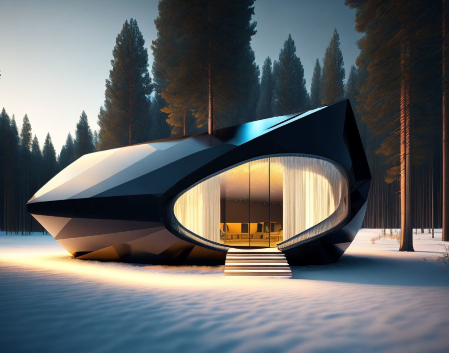 Modern black and white house in snowy forest with large glowing window