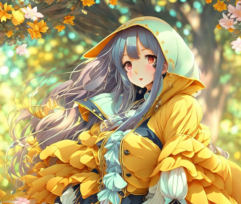 Vibrant illustration: girl with blue hair in yellow outfit among flowers