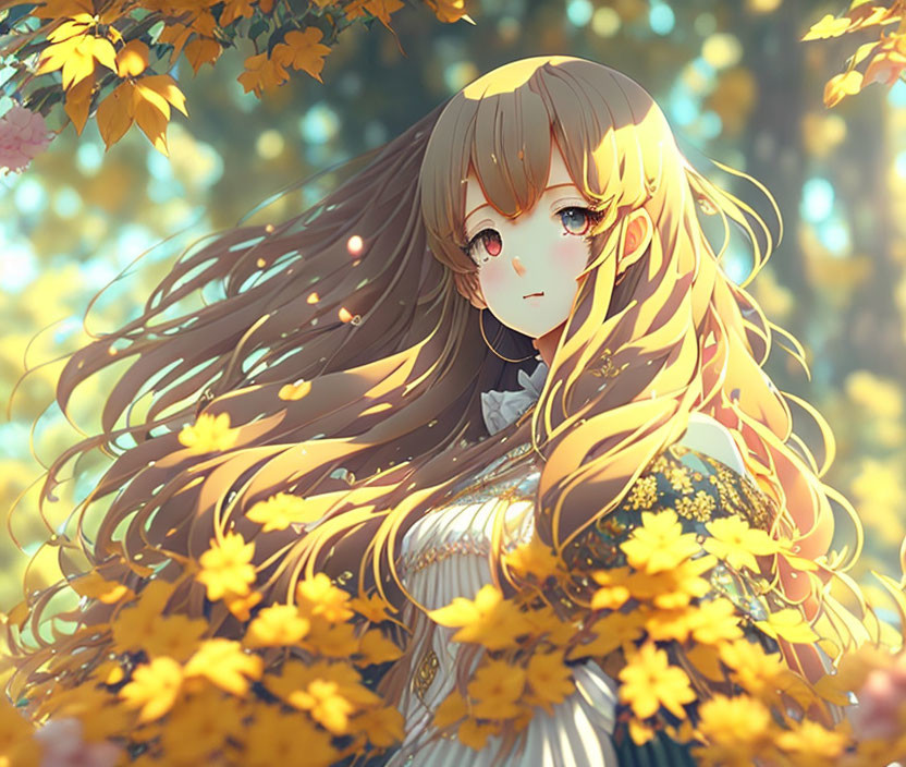 Illustrated female character with long hair in vibrant autumn setting