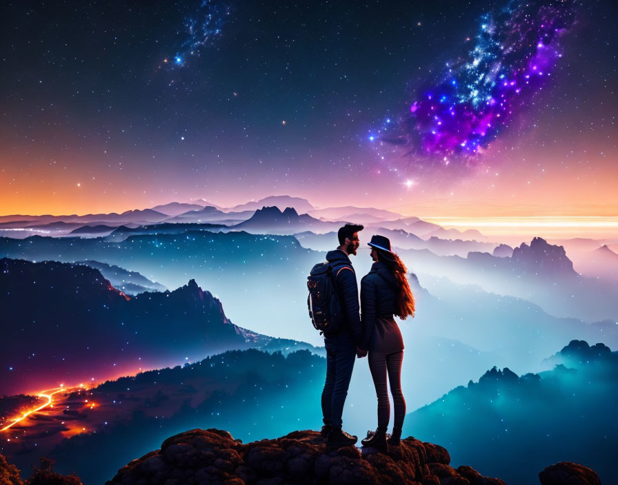 Couple holding hands on mountain peak under starry sky at dusk