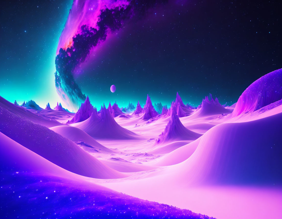 Alien landscape digital artwork with purple and blue hues