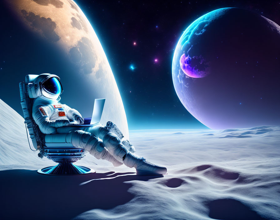 Astronaut in spacesuit on alien planet with laptop and celestial background.