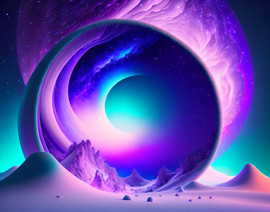 Vibrant surreal landscape with cosmic portals and alien terrain