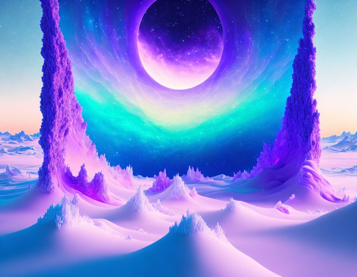 Colorful cosmic portal above snowy landscape with purple trees & aurora colors.