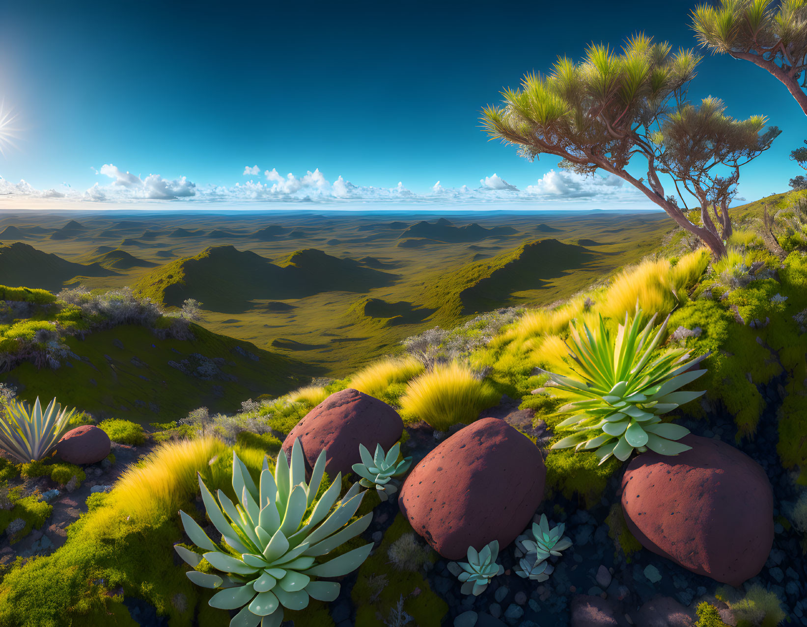 Tranquil landscape with lone tree, rolling hills, and succulents