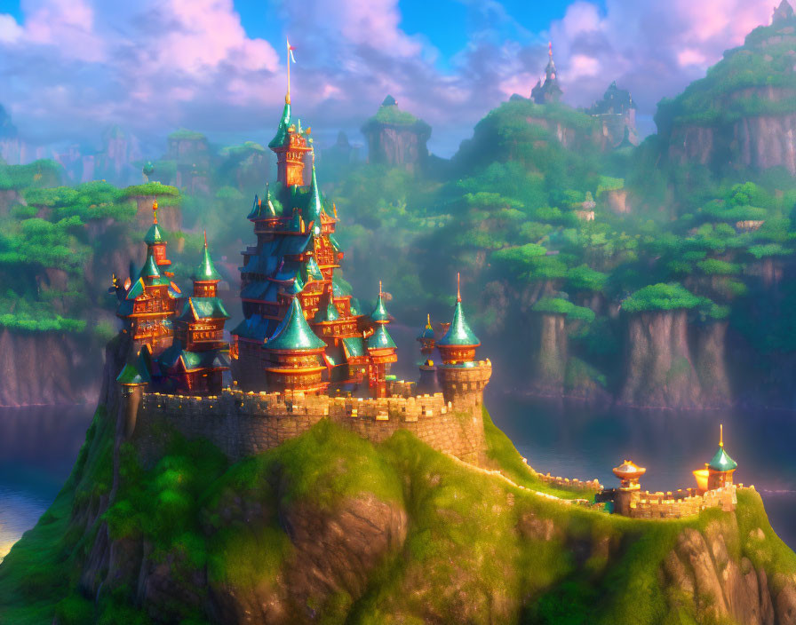 Fantasy castle with multiple spires on lush cliffside at golden hour