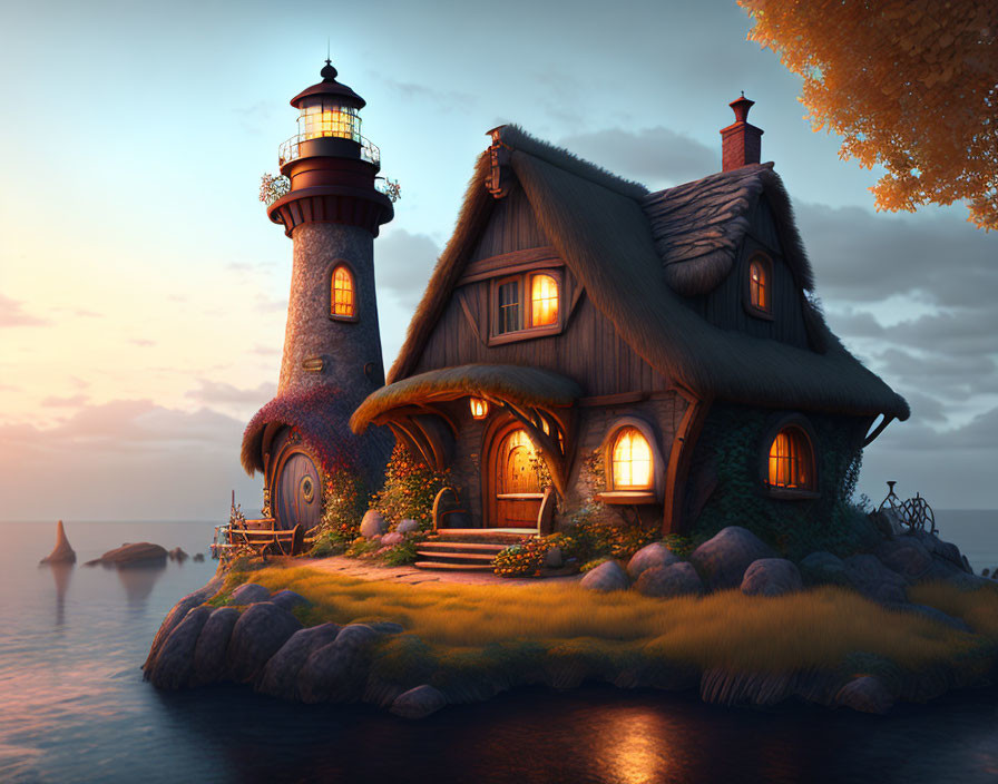 Thatched Roof Cottage with Attached Lighthouse by Serene Sunset