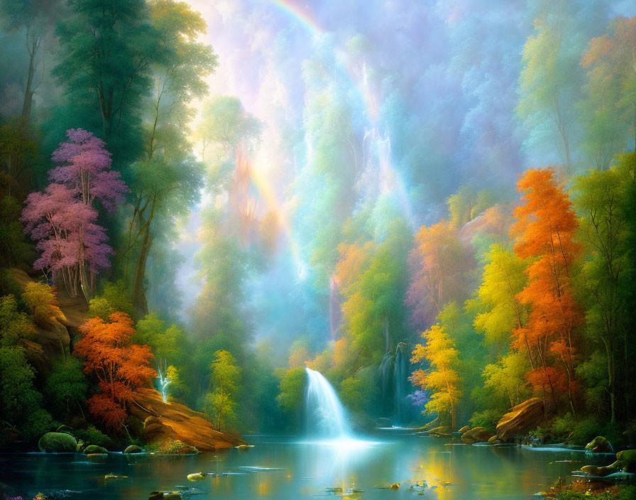 Tranquil forest scene with waterfall, rainbow, autumn trees, river, and sunbeams