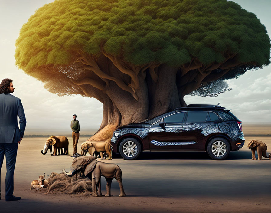 Men near patterned SUV with elephants in arid landscape