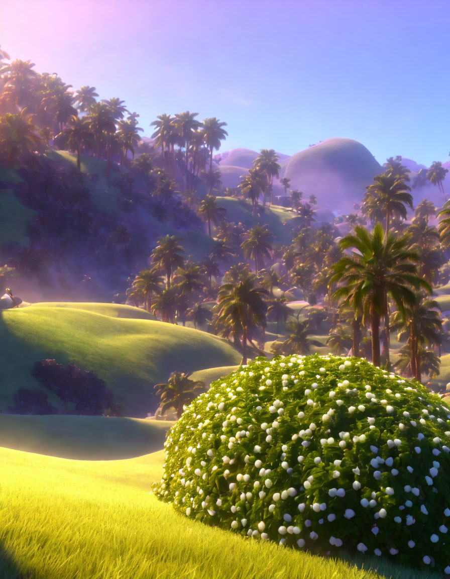 Tranquil digital landscape: lush hills, palm trees, warm sunset.