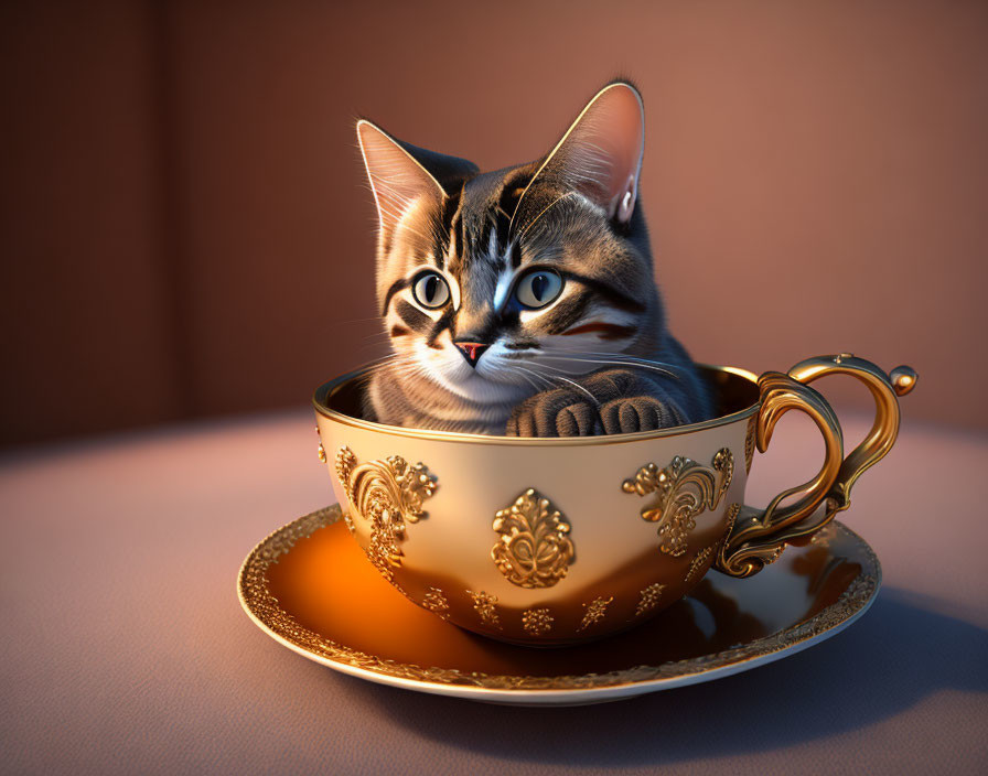 Tabby cat in gold-trimmed teacup with warm backdrop