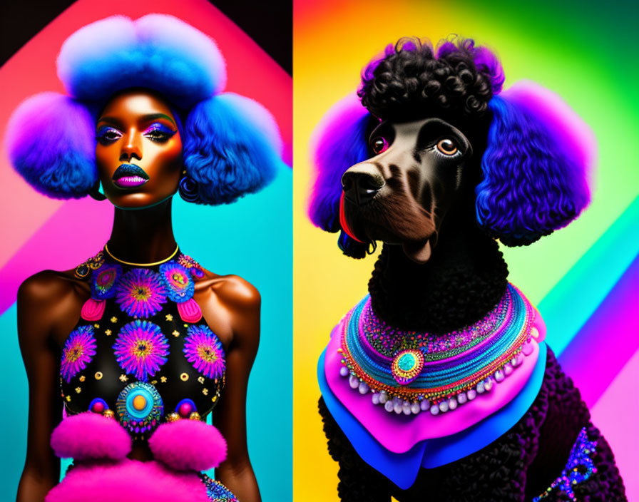 Split Image: Woman with Blue Hair and Colorful Makeup Next to Stylish Black Poodle