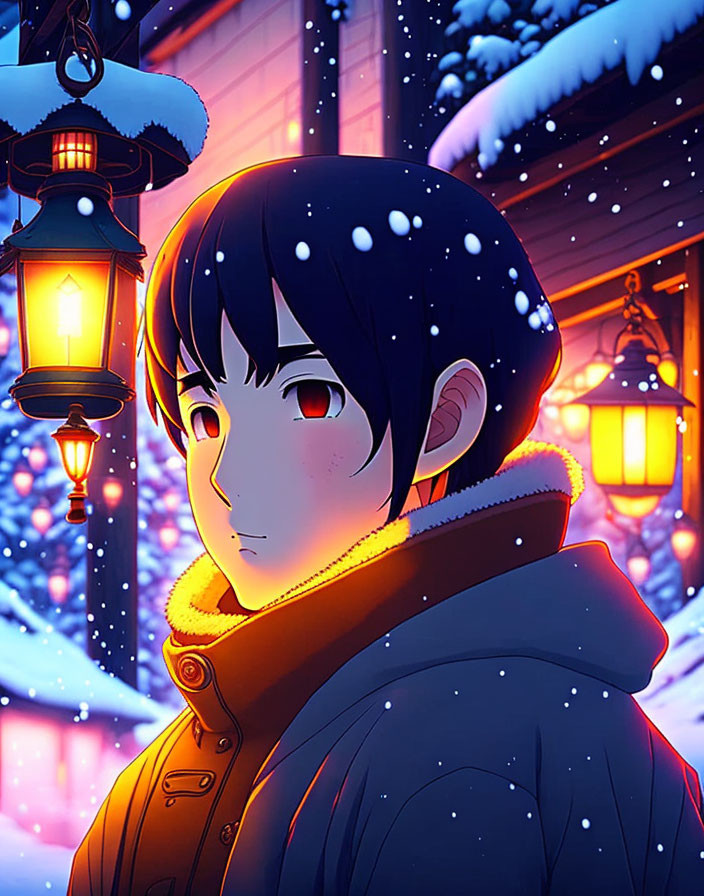 Person with short dark hair in snowfall at night by glowing lanterns and traditional buildings