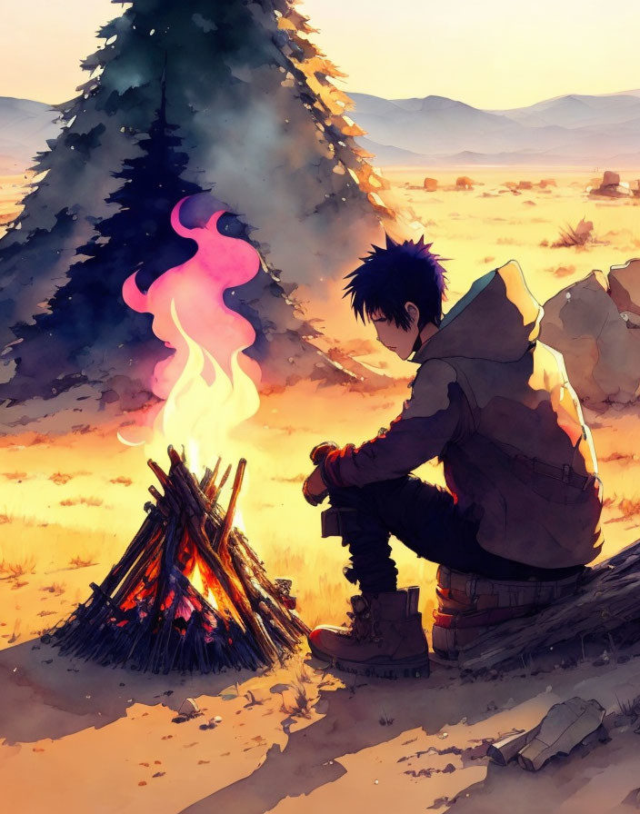 Person sitting by campfire in desert at dusk with sparse vegetation.