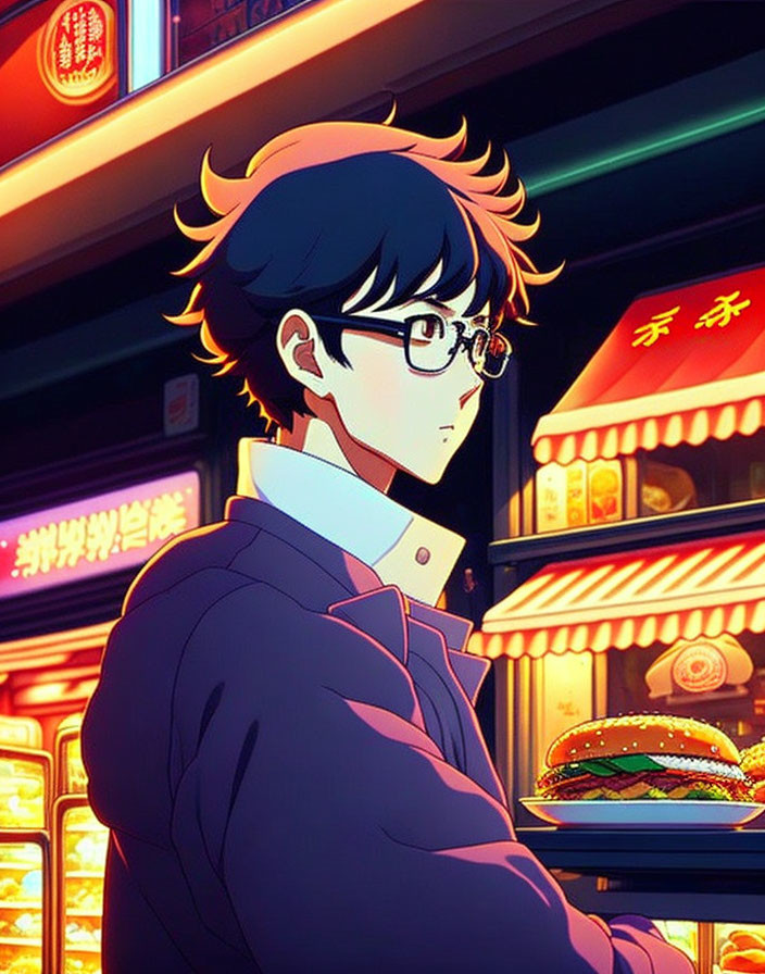 Dark-haired anime character at night by neon-lit food stall with hamburger