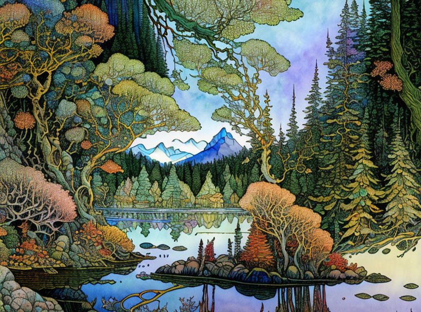 Colorful forest landscape with lake and mountains in serene illustration