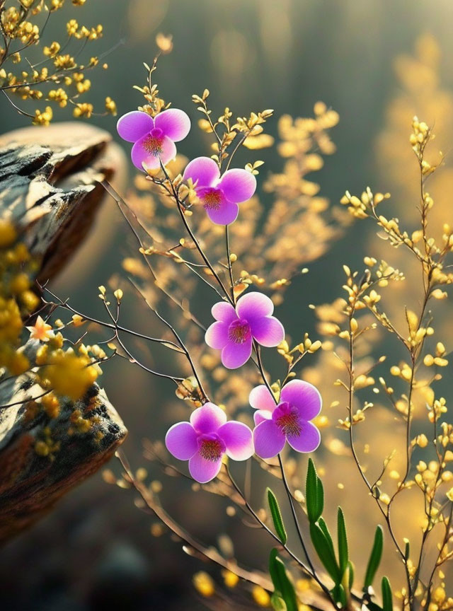 Pink Flowers Blooming on Branches Against Warm Background