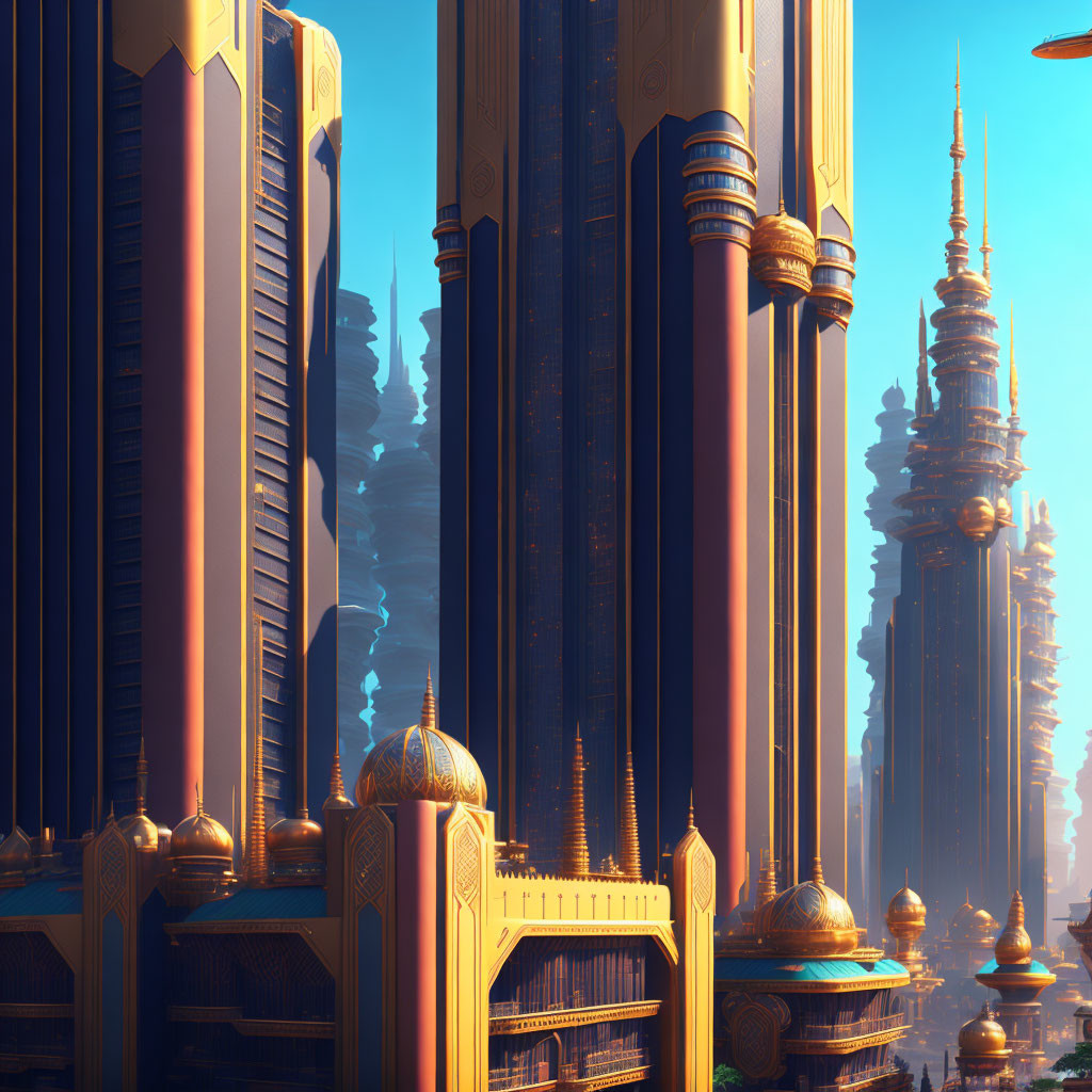 Golden skyscrapers in futuristic cityscape under clear blue sky