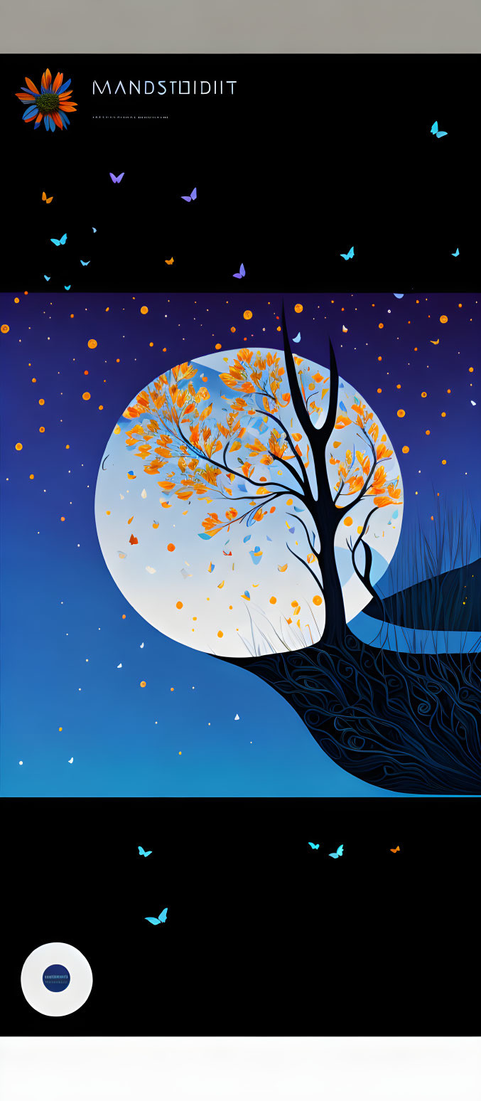 Colorful tree with orange leaves under moonlit sky and butterflies