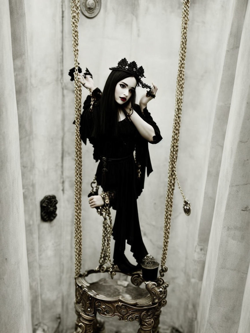 Gothic attire person on mirror with chains against marble backdrop