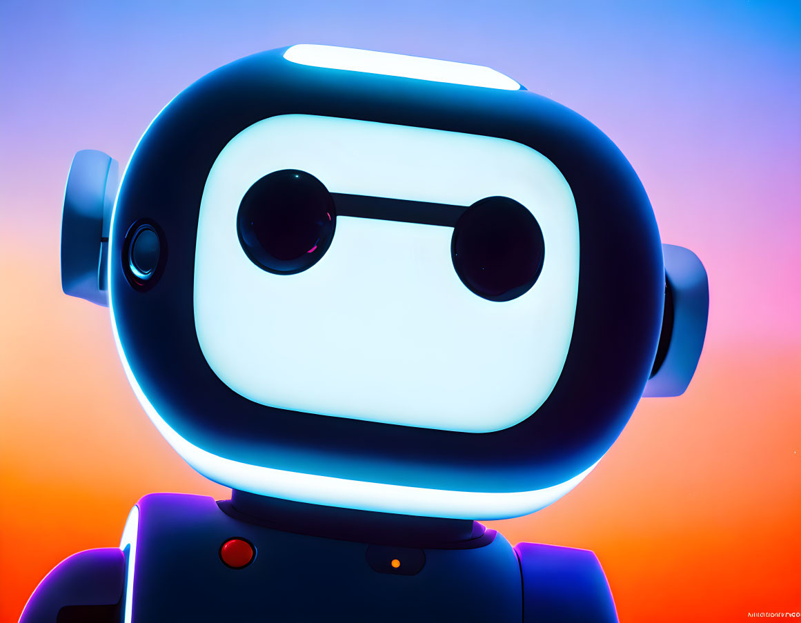 Stylized robot head with expressive eyes on vibrant background