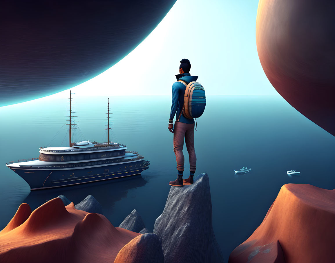 Person on Rocky Peak Overlooking Tranquil Sea with Yacht and Planets