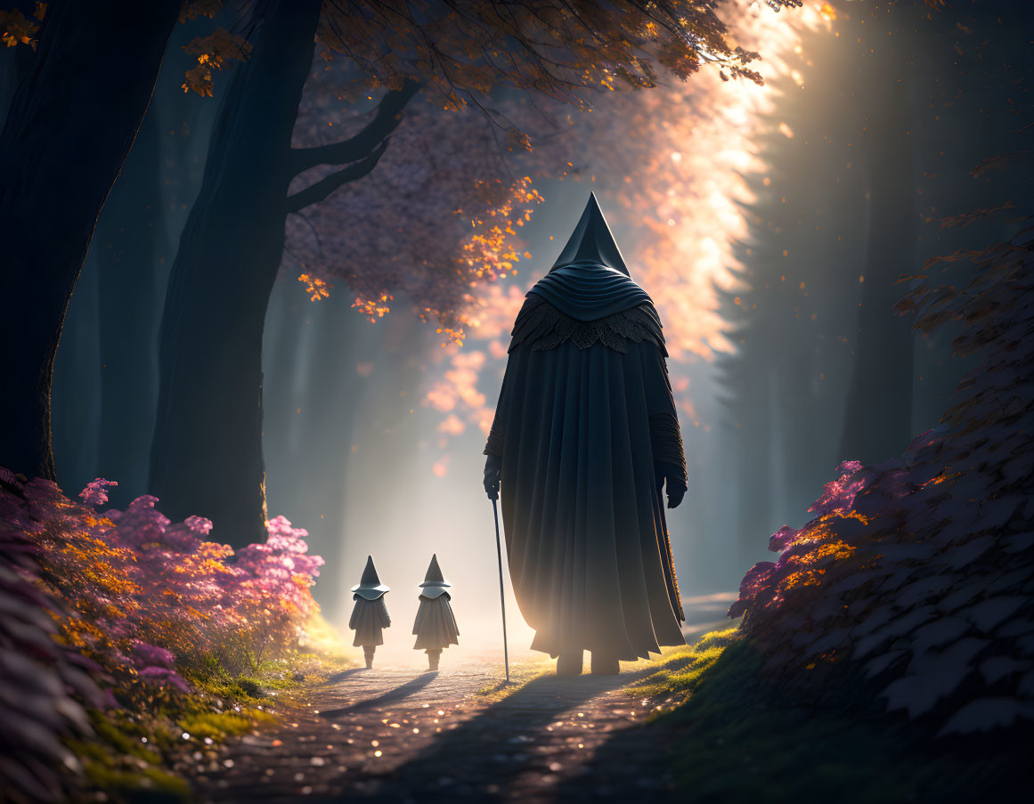 Cloaked figure and children in mystical forest with sunlight and pink flowers